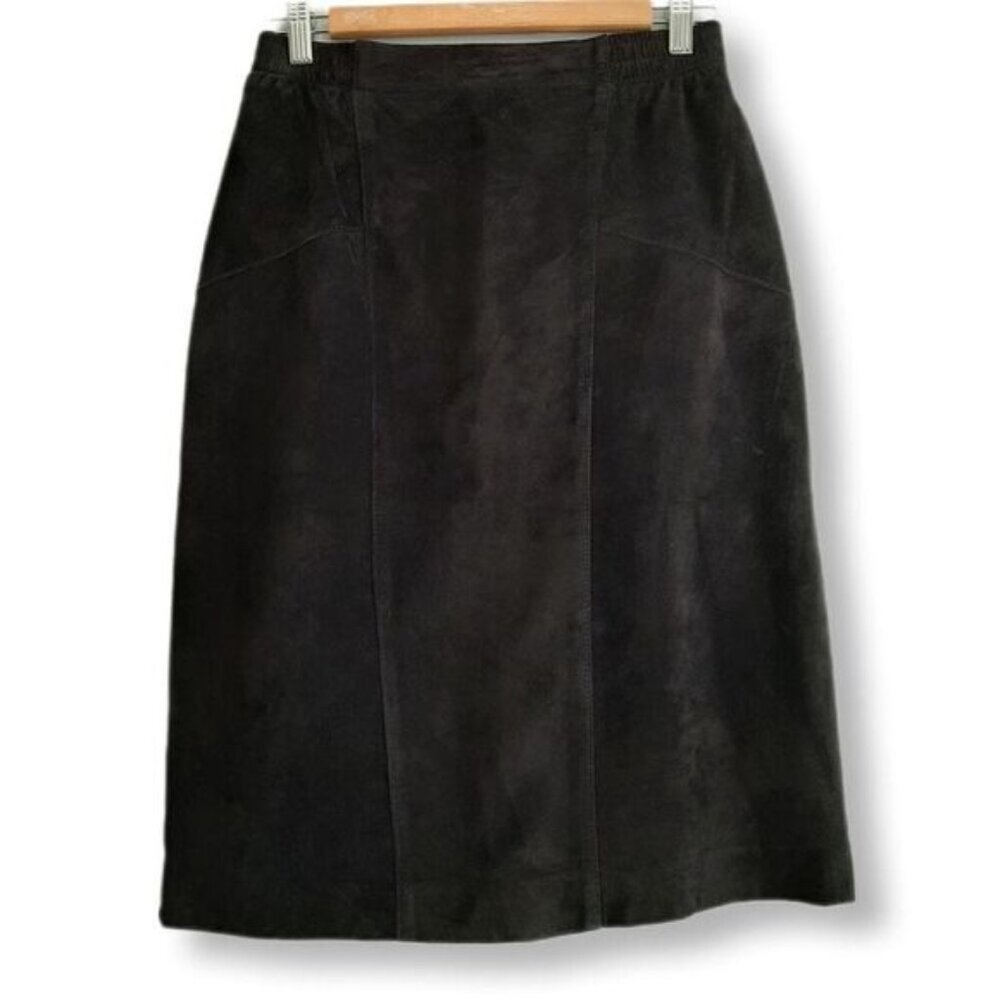 BIANCA 100% Genuine Suede Leather Pencil Knee Length Skirt Black Sz M